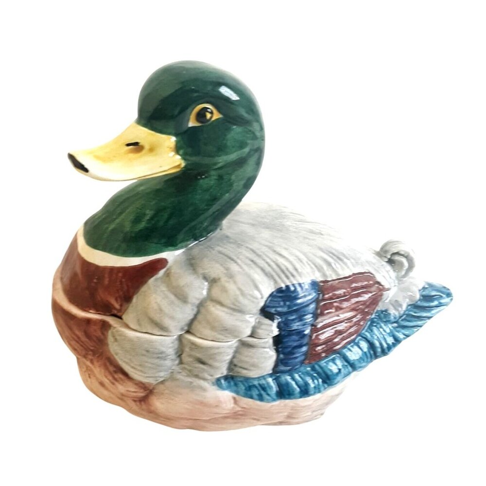 Mallard Duck-Shaped Italian Ceramic Sauce Tureen Lid Ladle Hand-Painted Vintage
